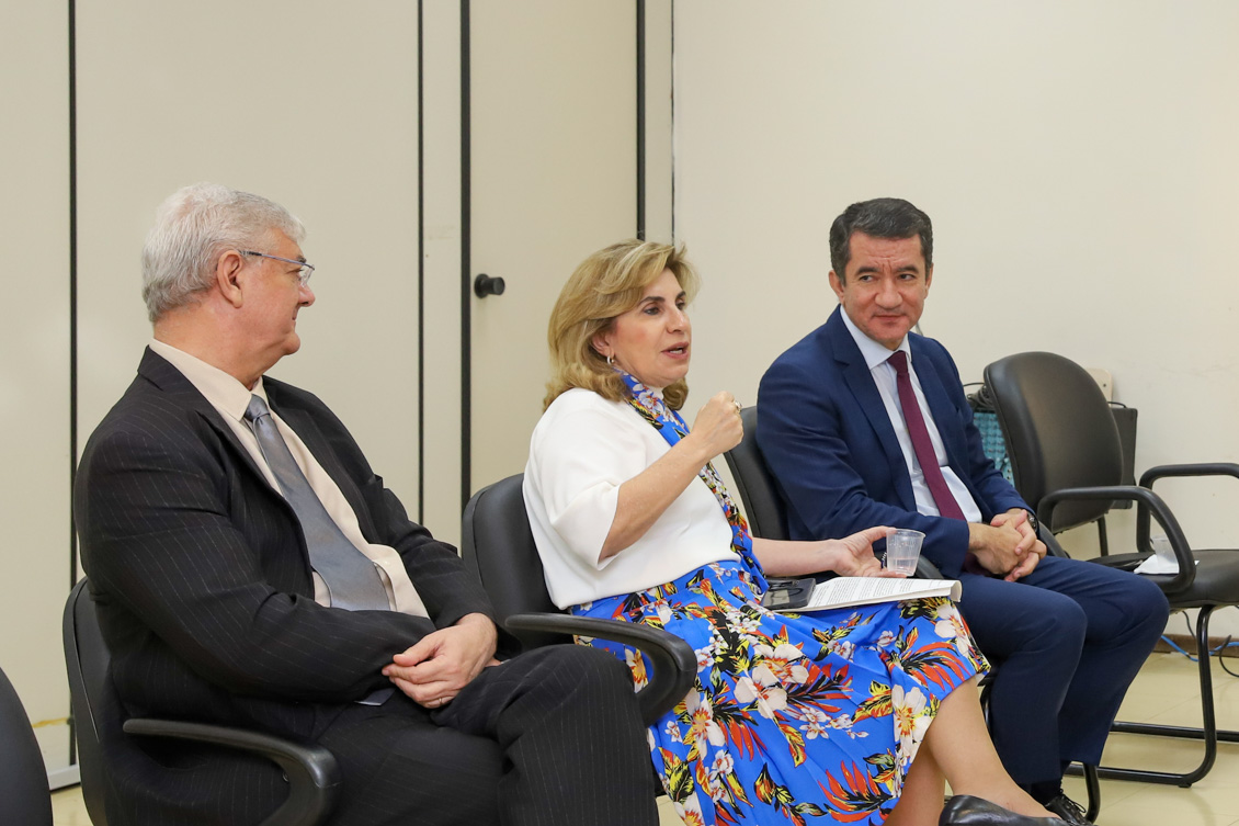 "Dra. Ana Paula gesticula, sendo observada pelos Drs. Edison, à esquerda e Renan, à direita da tela. Todos sentados"