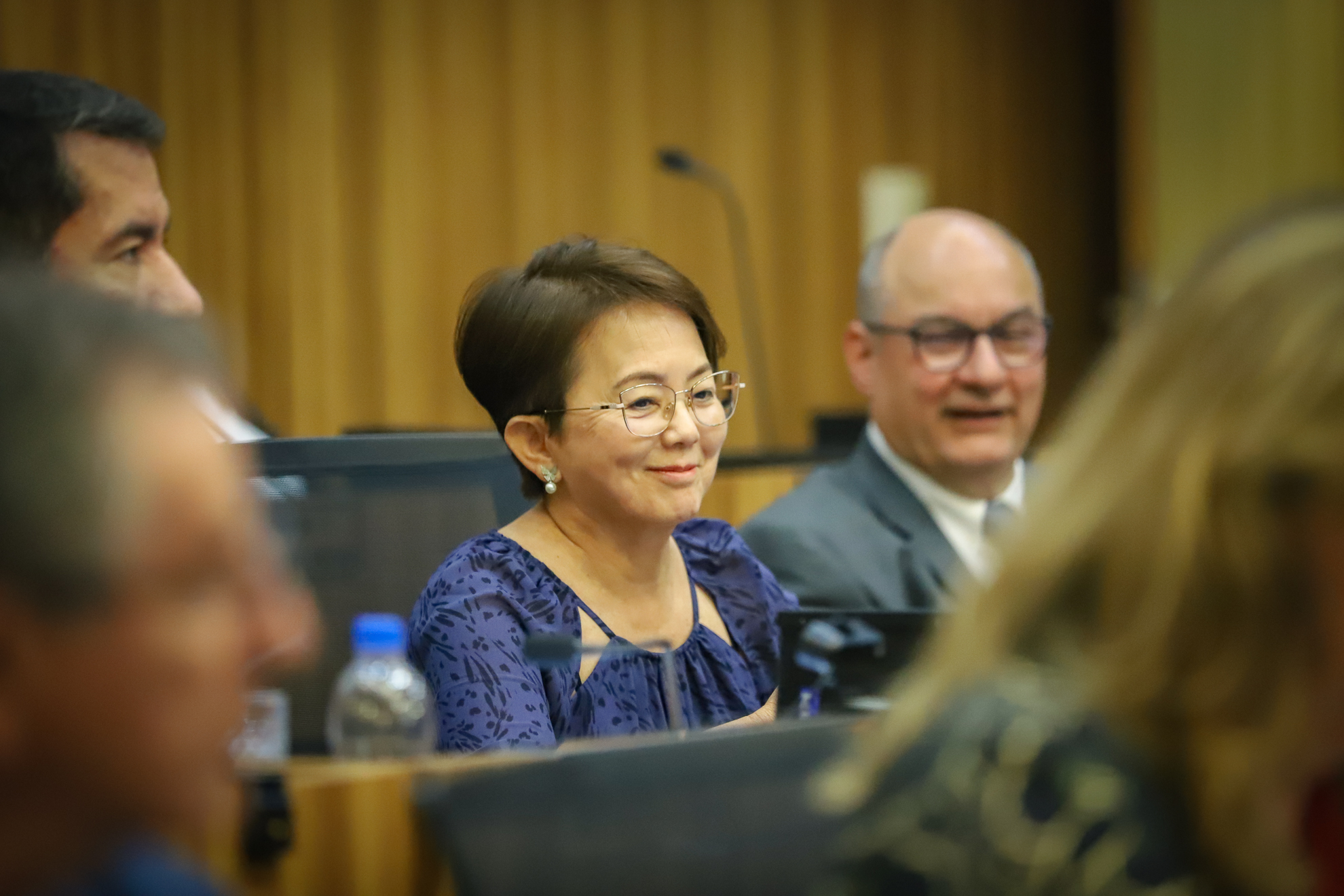 "Dra. Rosemeire está no plenário em frente a um microfone, com um pequeno sorriso nos lábios"