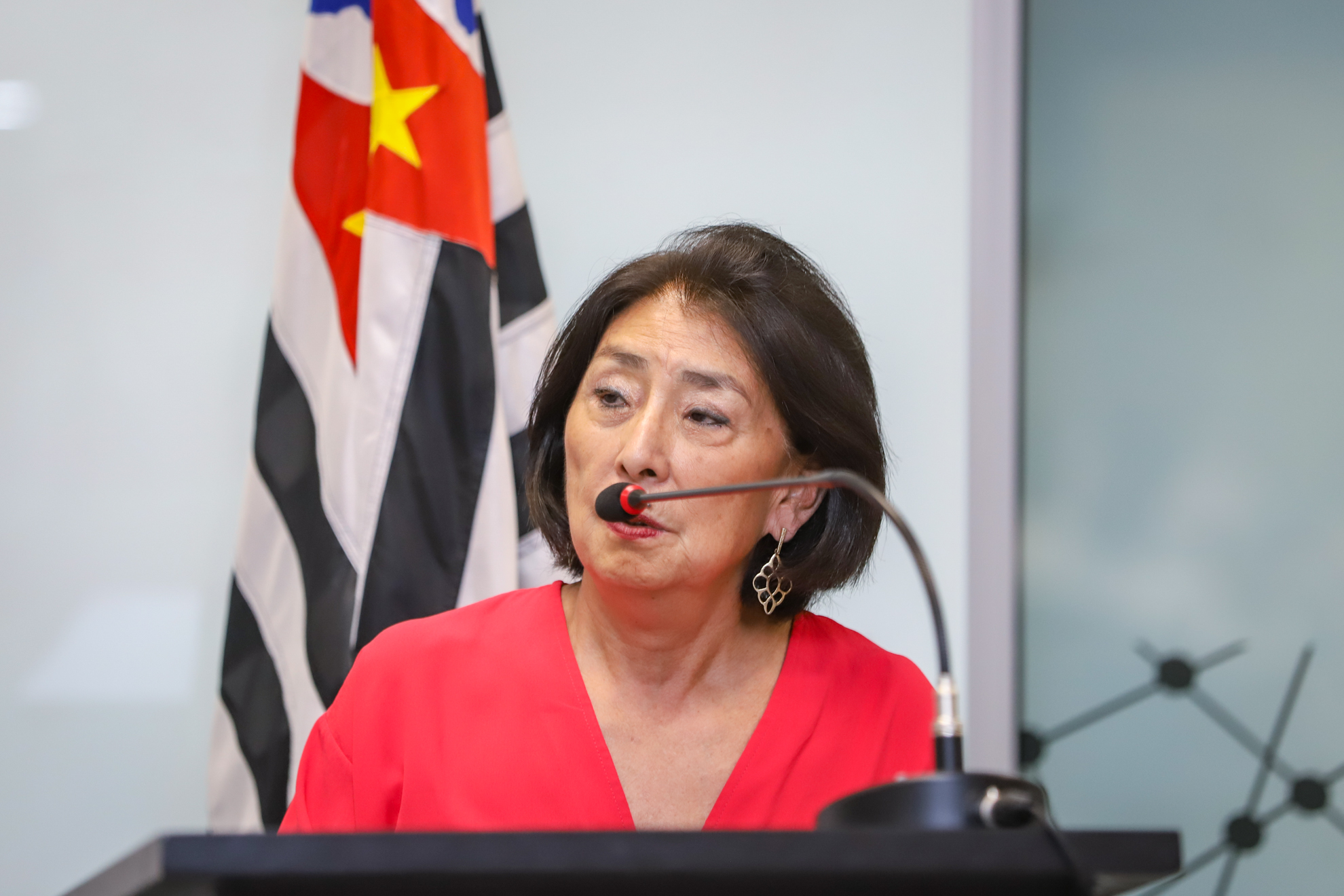 "Sanae Murayama fala ao micrfone"