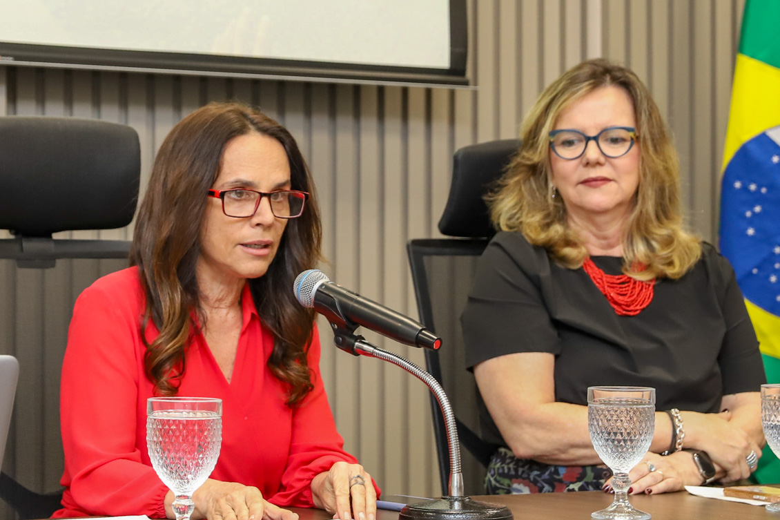 "Dra. Adriene está sentada à mesa alta, falando ao microfone, ao lado da Dra. Eleonora"