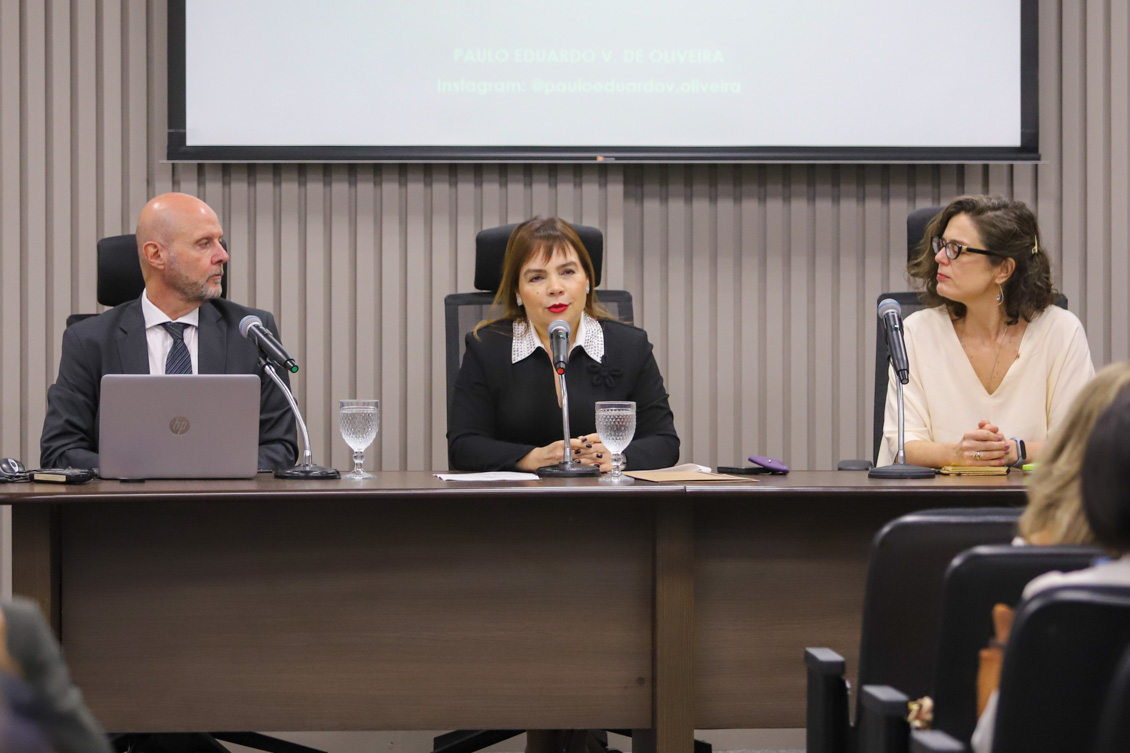 "Integrantes do primeiro painel, com Dra. Marina ao centro, falando ao microfone, sendo observado pelos Drs. Oliveira e Katerina"