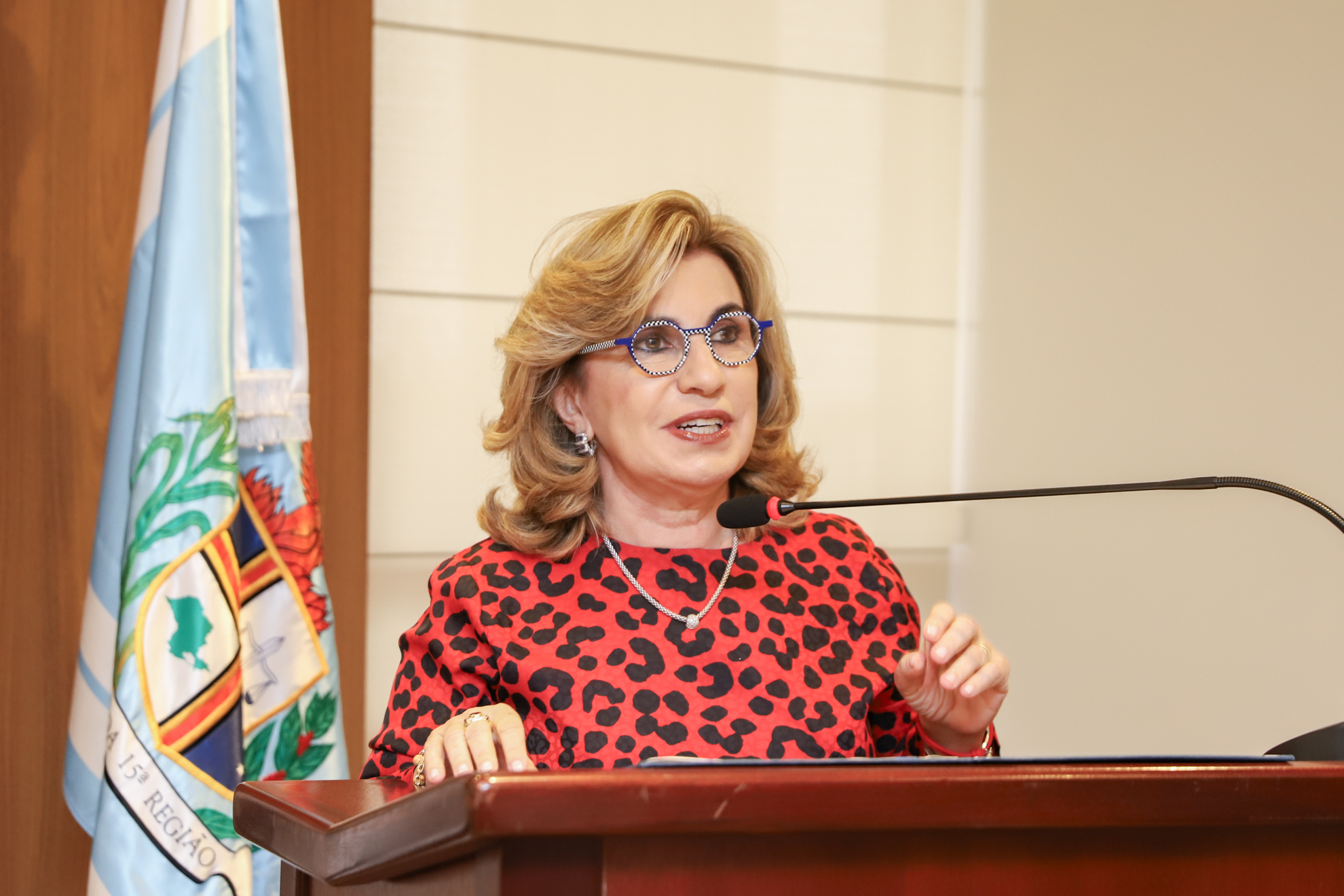 "A presidente Ana Paula fala no púlpito"