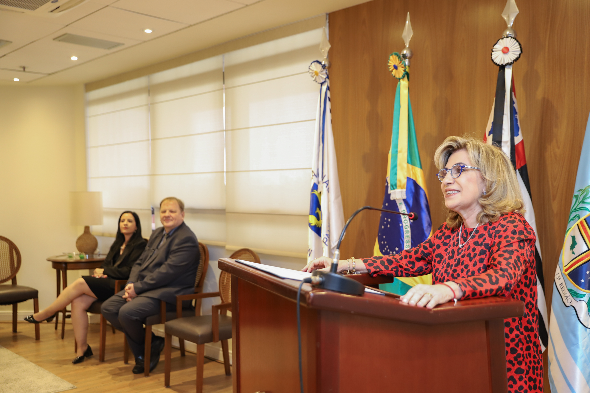 "A desembargadora Ana Paula fala ao microfone sendo observada pelos empossados"