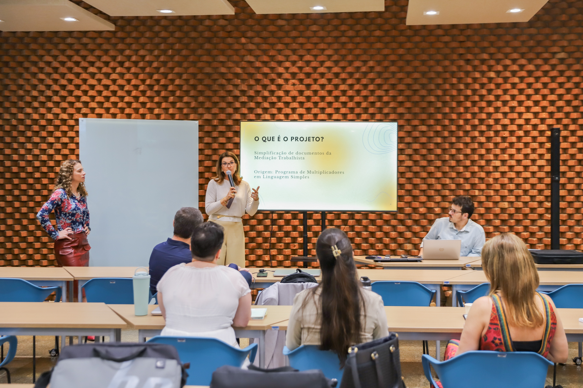 "Dra. Laura, observada pela Dra. Karina, fala ao microfone, diante dos participantes do encontro "