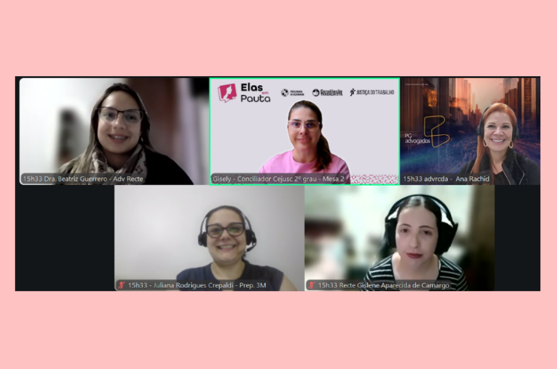 "Quadro rosa com print de tela que mostra 5 mulheres em atuação no projeto Elas em Pauta"