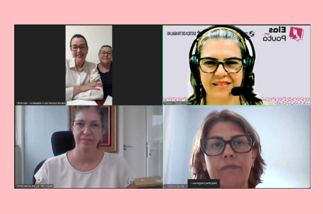 "Quadro rosa com print de tela que mostra 4 mulheres em atuação no projeto Elas em Pauta"