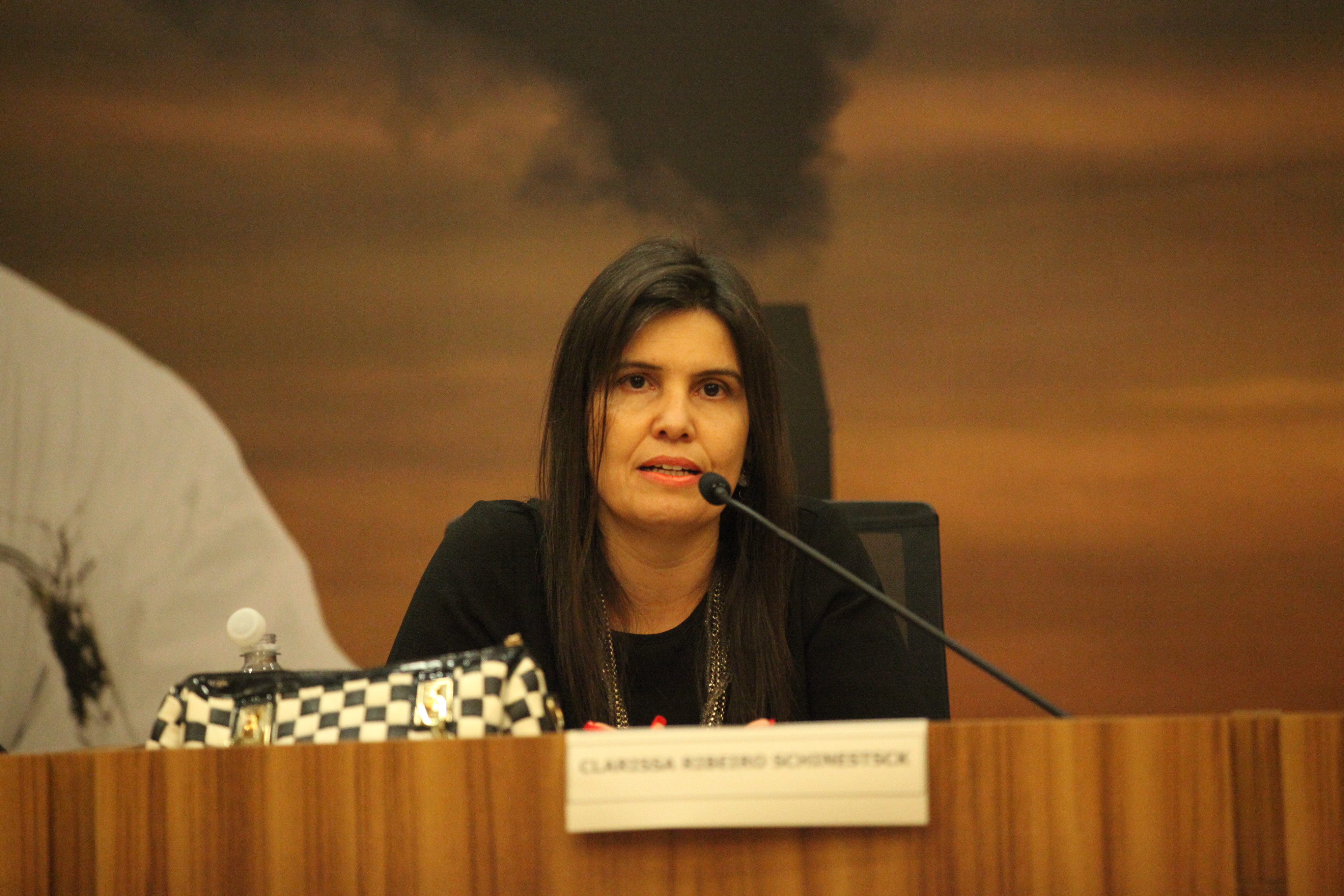 "Dra. Clarissa fala ao microfone no púlpito com painel ao fundo alusivo ao seminário"