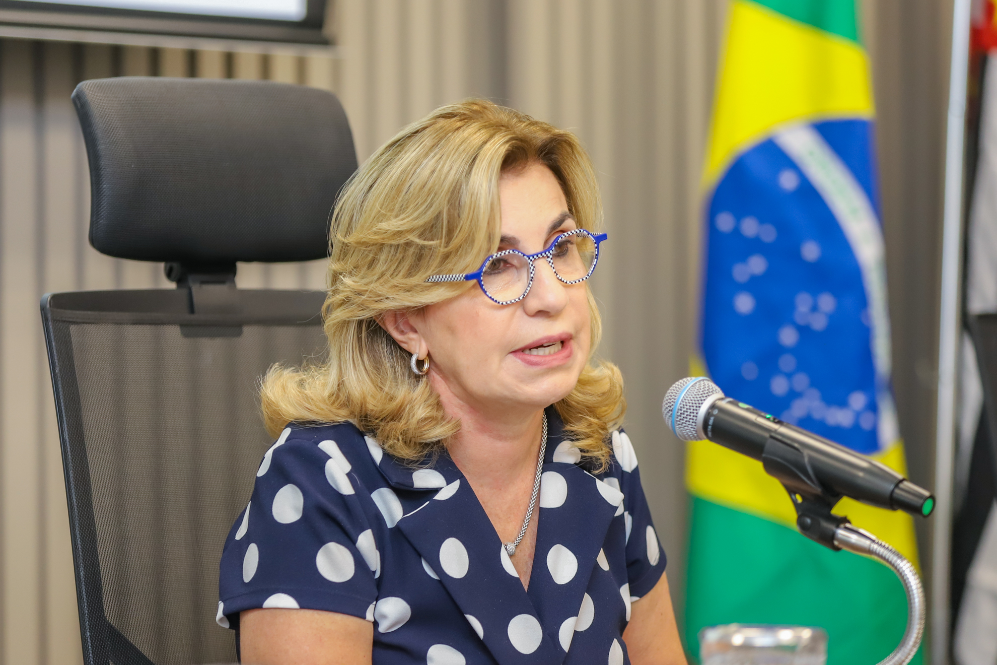 "Dra. Ana Paula está sentada à mesa falando ao microfone"