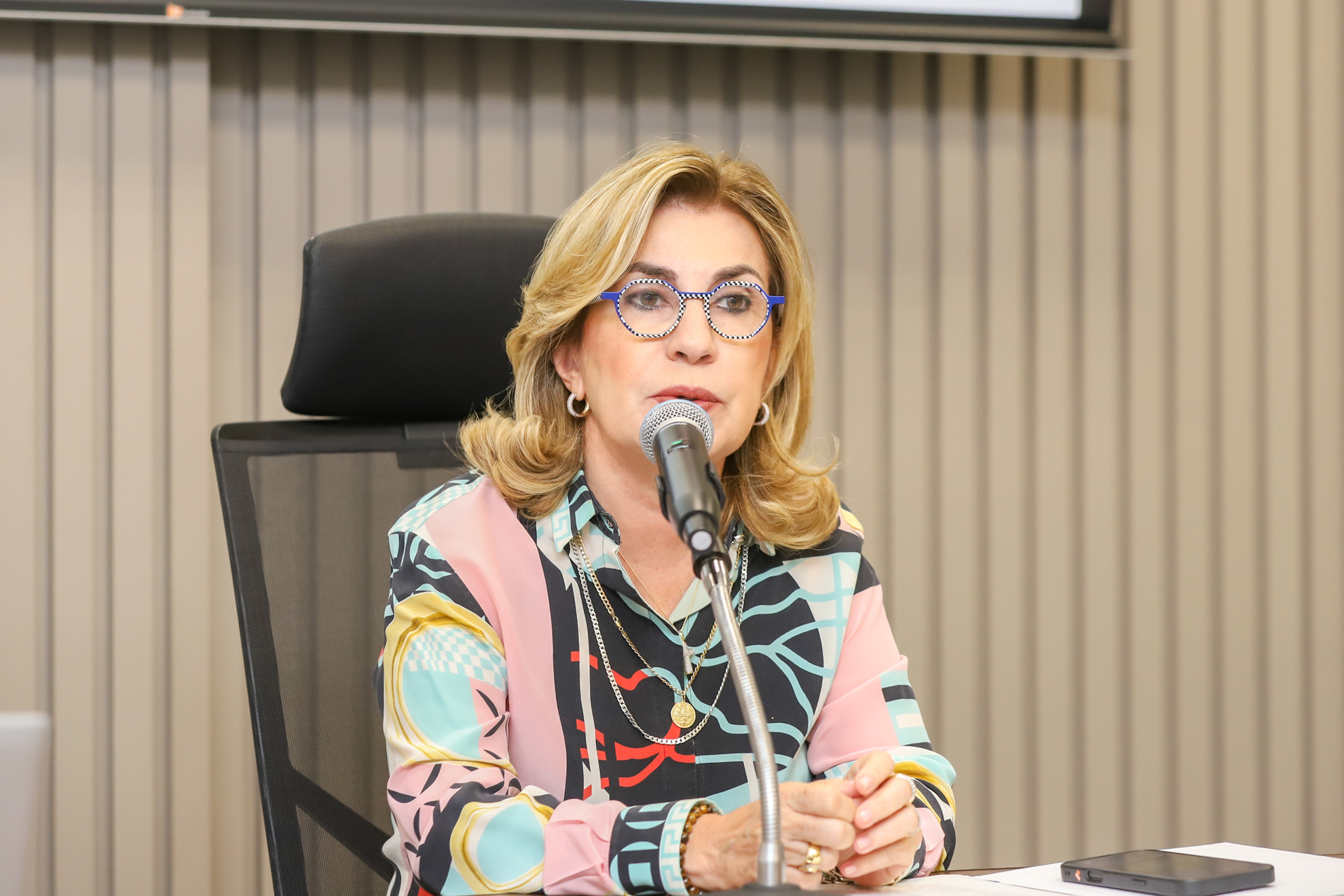 "Dra. Ana Paula está sentada à mesa, falando ao microfone"