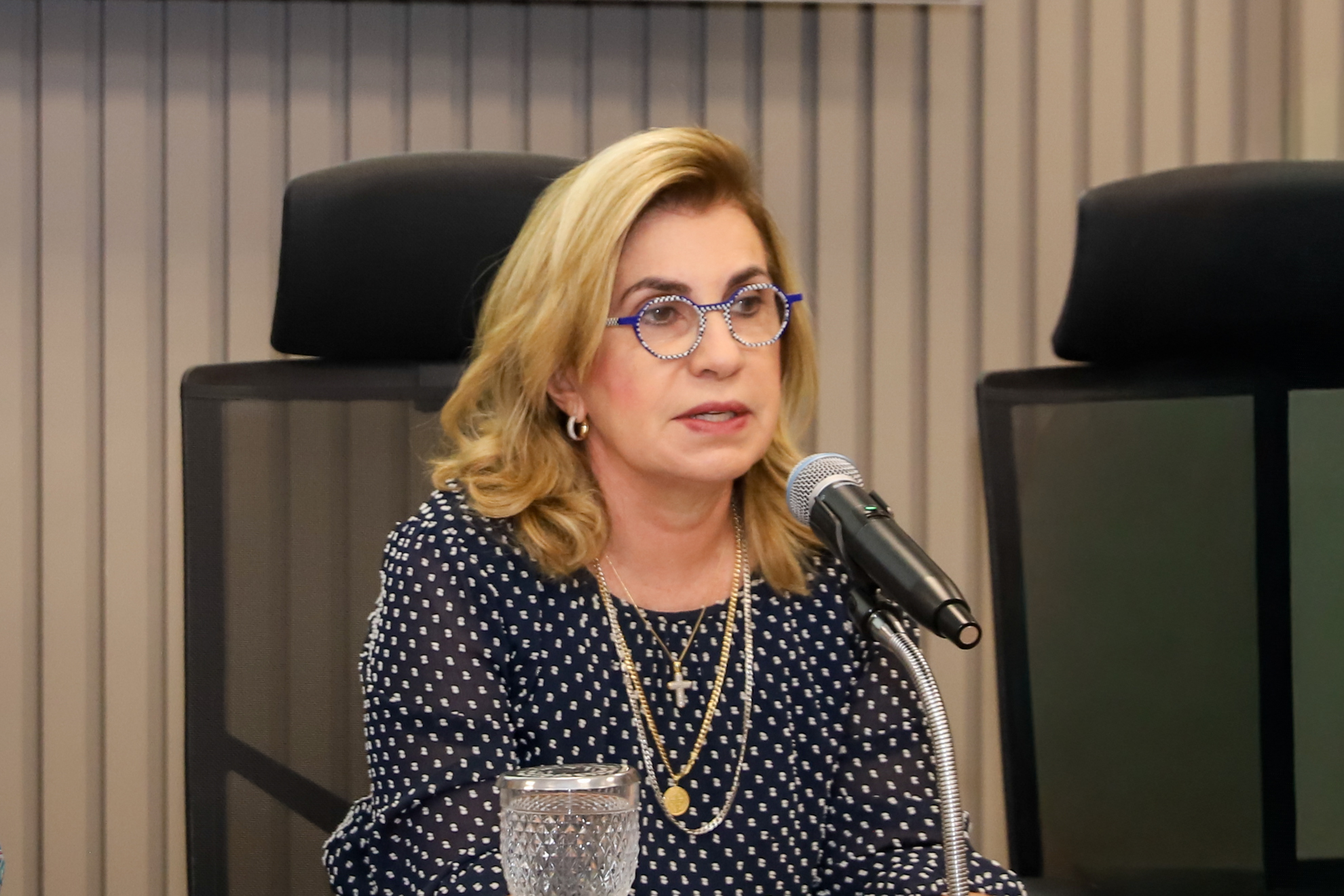 "#ParaTodosVerem: presidente Ana Paula fala no microfone"