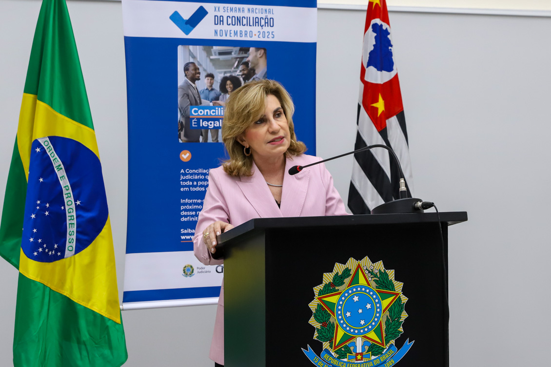 "Dra. Ana Paula discursa em um dos eventos de conciliação"