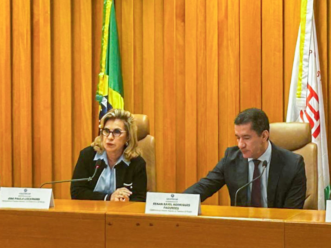 "A desembargadora Ana Paula fala ao microfone"