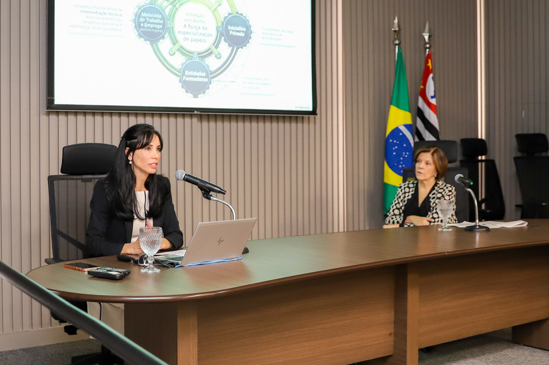 "A servidora Renata fala ao microfone"