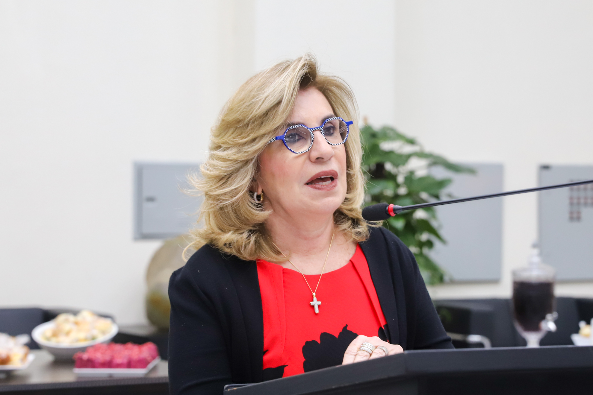 "A magistrada Ana Paula fala ao microfone"