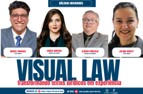quadro de fundo branco, com as fotos dos palestrantes, identificação e informações sobre data, horário e tema do evento em azul e vermelho