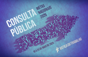 Ilustração de divulgação da consulta pública. Uma seta formada por uma multidão. Está escrito: Consulta pública metas nacionais 2026. De 19 a 25 de maio de 2025. Sua opinião é muito importante para nós! Justiça do Trabalho