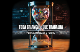 imagem com uma ampulheta e brinquedos dentro dela, na parte de cima. Abaixo, o slogan da campanha.