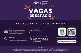 quadro com fundo roxo e texto em branco com detalhes do processo seletivo e um QR code