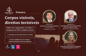 quadro de fundo marrom com as fotos dos palestrantes e dados sobre o evento