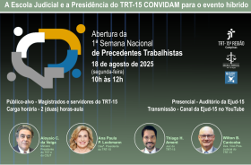 Banner explicativo do evento: data 18/8, das 12h às 12h, no auditório da EJud 15.