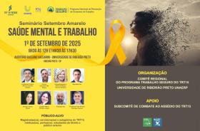 Quadro de fundo amarelo com fotos de pessoas e programação do seminário