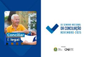 Imagem dividida em duas partes: um retângulo azul com foto de um senhor com camiseta amarela e o dizeres Conciliar é Legal. na outra parte, de cor branca,  informações da campanha escritas em azul