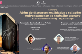 quadro cinza com uma imagem de mão e corrente à esquerda, e os detalhes do evento com pequenas fotos dos palestrantes à direita