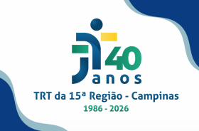 imagem do logotipo estilizado em tons de amarelo, azul e verde e os dizeres 40 anos, TRT da 15ª Região - Campinas 1986-2026