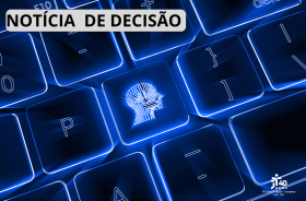 Imagem de um teclado em tons de azul neon, com destaque para uma tecla central exibindo o perfil de uma cabeça formada por circuitos, simbolizando inteligência artificial.