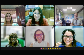 Captura de tela de uma reunião virtual com sete participantes em formato de grade