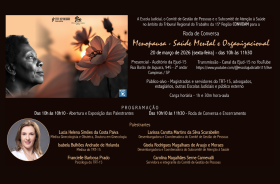 quadro de fundo preto com o detalhamento do evento e fotos. Uma no alto da página à esquerda da tela,  com uma mulher negra próxima a flores, e outra da palestrante no rodapé, também à esquerda.