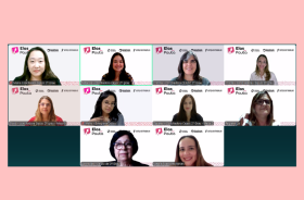 Quadro rosa com print de tela que mostra 10 mulheres em atuação no projeto Elas em Pauta