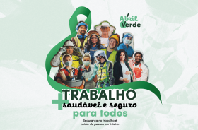 quadro de fundo verde claro, com fita verde, imagens de trabalhadores e slogan da campanha