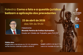 quadro de fundo marron com detalhes do evento escritos em amarelo e branco, foto do palestrante, e estátua da Justiça na lateral direita da imagem