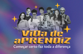 A foto retrata vários jovens exercendo variadas profissões.