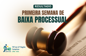 Bannera de um martelo com dizeres de resultado baixa processual.