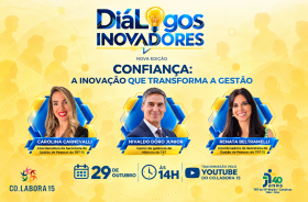 quadro de fundo amarelo com as fotos dos palestrantes e dizeres em azul sobre o evento
