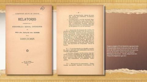 Capa e página 25 do Relatório apresentado à Assembleia Geral Ordinária, em 1935, pela Diretoria da Companhia Docas de Santos, com menção às despesas causadas pela Lei de Férias.