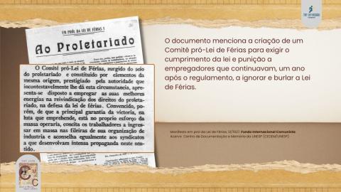 À esquerda, trecho do manifesto de trabalhadores em favor de lei de férias, com sobreposição do trecho sobre a criação de um Comitê Pró-Lei de Férias.
