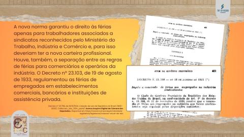 Imagem do Decreto n° 23.768 de 1934, com destaque para o item que limitou o direito a férias a trabalhadores sindicalizados e com a nova carteira profissional.