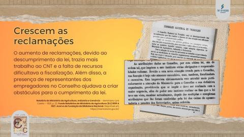 Trecho do Relatório do Ministério da Agricultura, Indústria e Comércio, de 1926, que destaca o aumento de reclamações e a falta de recursos do CNT.