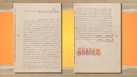 À esquerda a primeira página da petição inicial do processo n°109 de 1946, autuado na Comarca de Araraquara. À direita, a segunda página. Ambas datilografadas, com assinatura manuscrita, selos e carimbos.