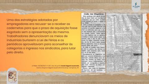 Trecho de jornal “A Plebe”, de 1927, que destaca a resistência patronal diante da Lei de Férias e o poder da união sindical.
