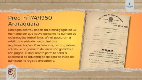 À direita, capa do processo n°174 de 1950 da Comarca de Araraquara. À esquerda, resumo da reclamação que destaca a adulteração nas carteiras profissionais.