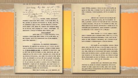 À esquerda, a primeira página da petição inicial do processo n°174 de 1950, autuado na então Comarca de Araraquara. À direita, a segunda página. Ambas datilografadas e com registros manuscritos.