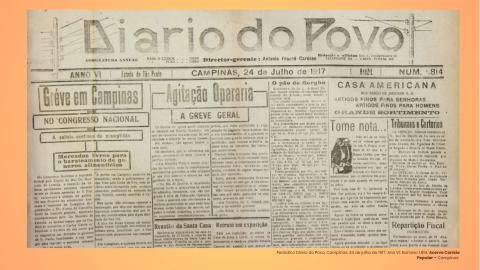 Imagem da manchete do jornal Diário do Povo com um texto sobre a Greve Geral de 1917.