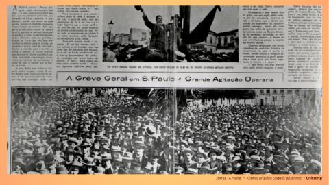 Imagem do jornal operário “A Plebe”, em que trabalhadores, na maioria homens, com chapéus, estão reunidos em uma praça ou rua bem larga.