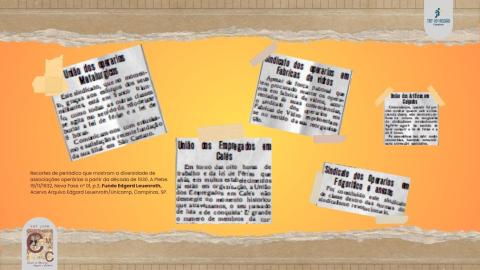 Cinco imagens de recortes de periódicos que mostram a diversidade das associações de trabalhadores em 1932.