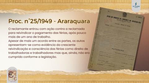 À direita, capa do processo n°149 de 1949, da Comarca de Araraquara. À esquerda, resumo da reclamação que destaca a exigência do pagamento de férias.
