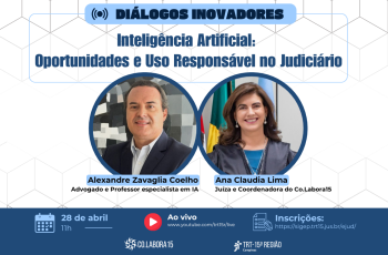 quadro branco com detalhes e grafismos em azul. No centro, as fotos dos palestrantes, com informações do evento